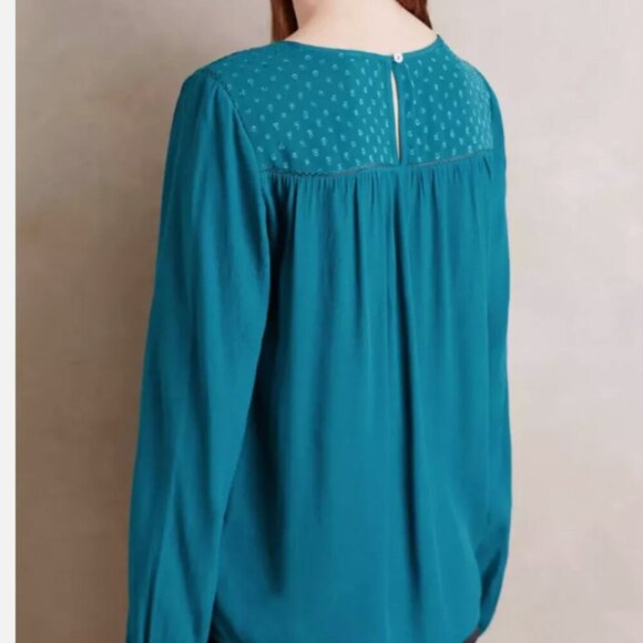 🖤Anthropologie Meadow Rue Teal Laurel Smock Top Blouse Keyhole Back - X-Small - Picture 4 of 9